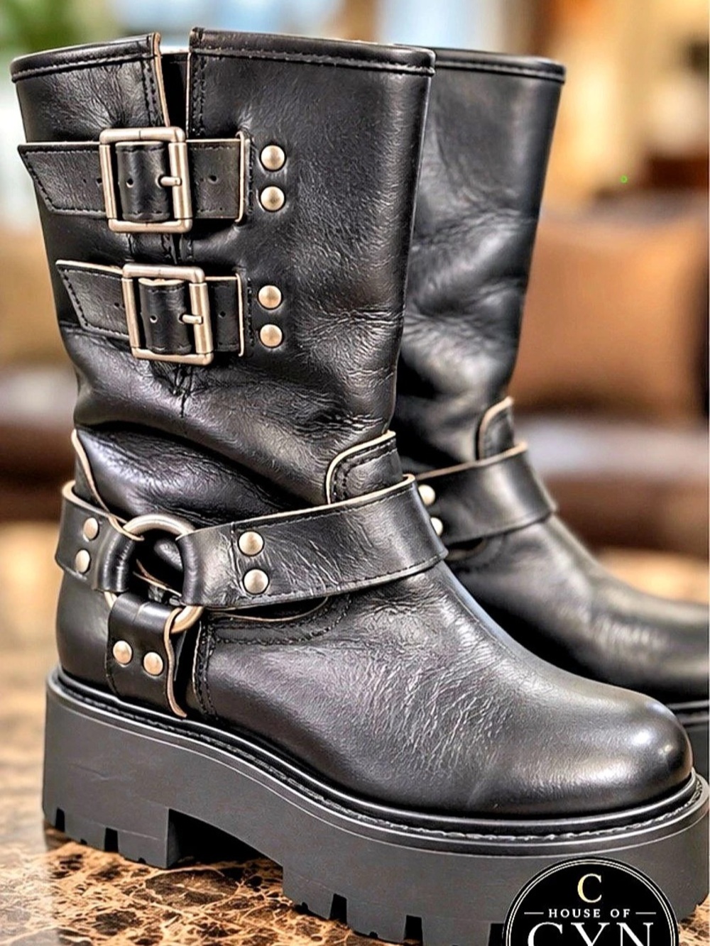 🔥Steve Madden Reika Black Leather Moto Harness Lug Platform Boots, 8M Women